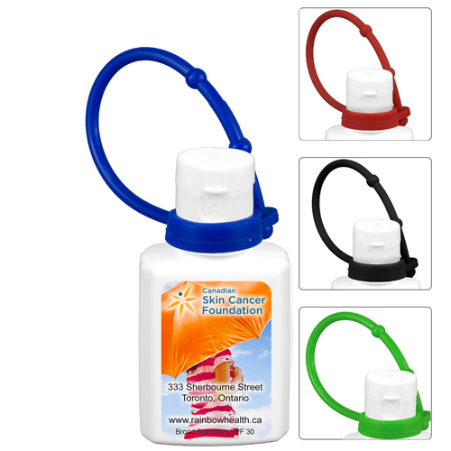 "SUNFUN CONNECT" .5 oz Broad Spectrum SPF 30 Sunscreen Lotion In Solid White Flip-Top Squeeze Bottle with Colorful Silicone Leash