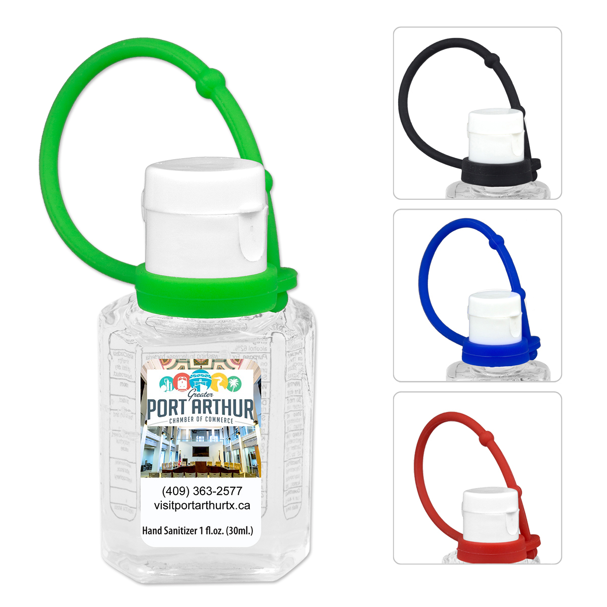 "SanPal Connect" 1.0 oz Compact Hand Sanitizer Antibacterial Gel in Flip-Top Squeeze Bottle with Colorful Silicone Leash