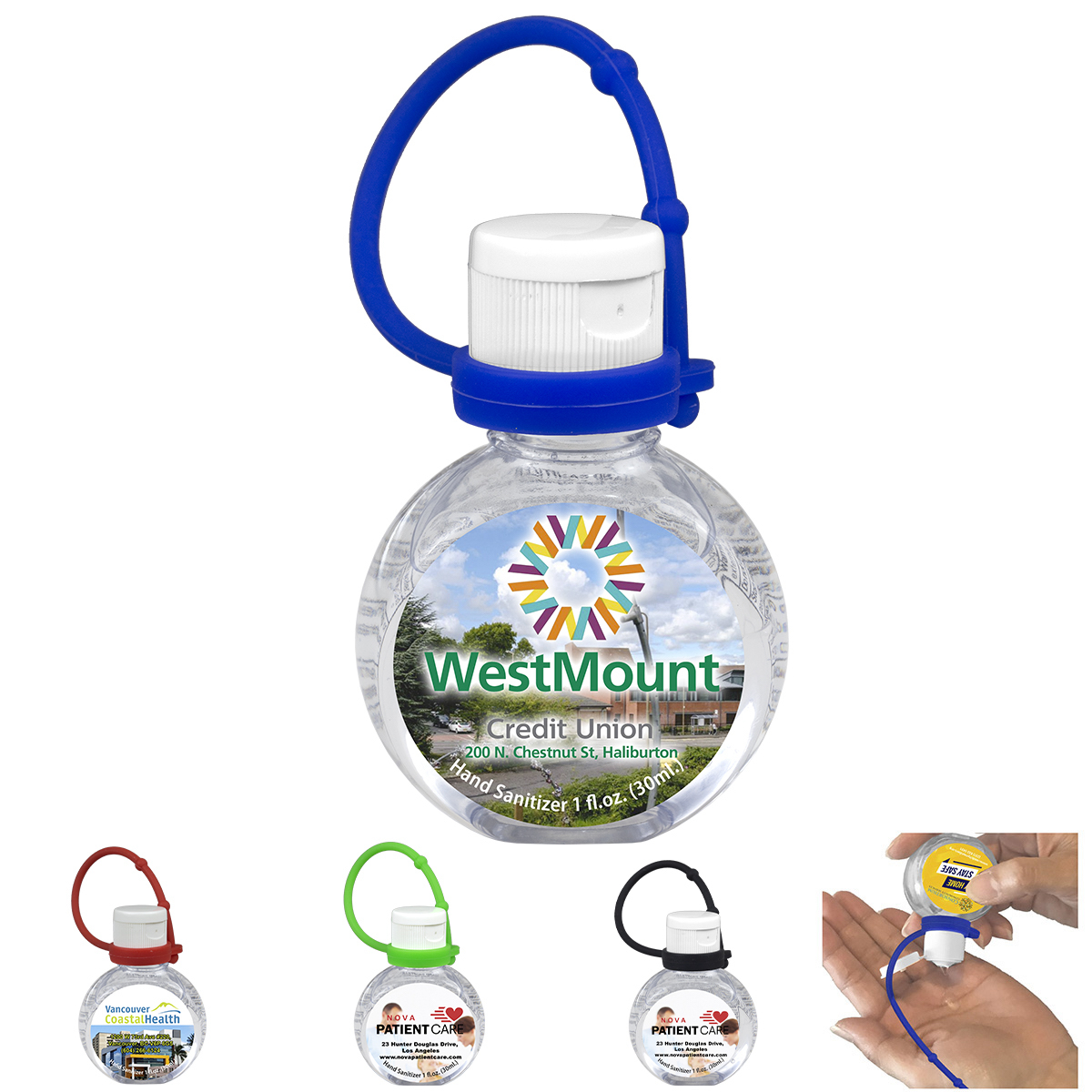 "SANTIAGO" 1 oz.Hand Sanitizer Antibacterial Gel with Adjustable Silicone Carry Strap - Full Color Imprint