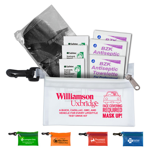 "ESSENTIAL" On The Go 7 Piece Wellness Kit in Translucent Zipper Pouch with Plastic Carabiner Attachment