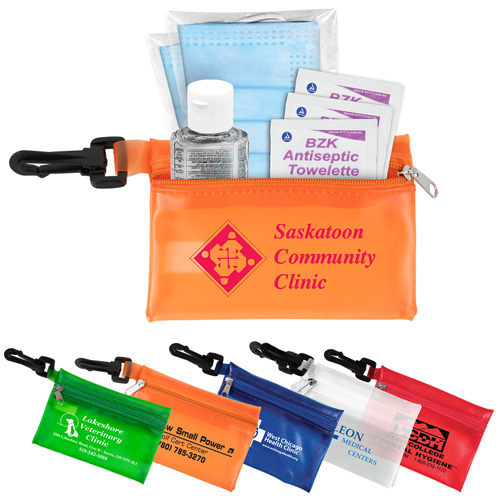 "EVERYTHING ESSENTIAL" Mask & Sanitizing Protection Pack in Translucent Zipper Kit With Plastic Hook Attachment