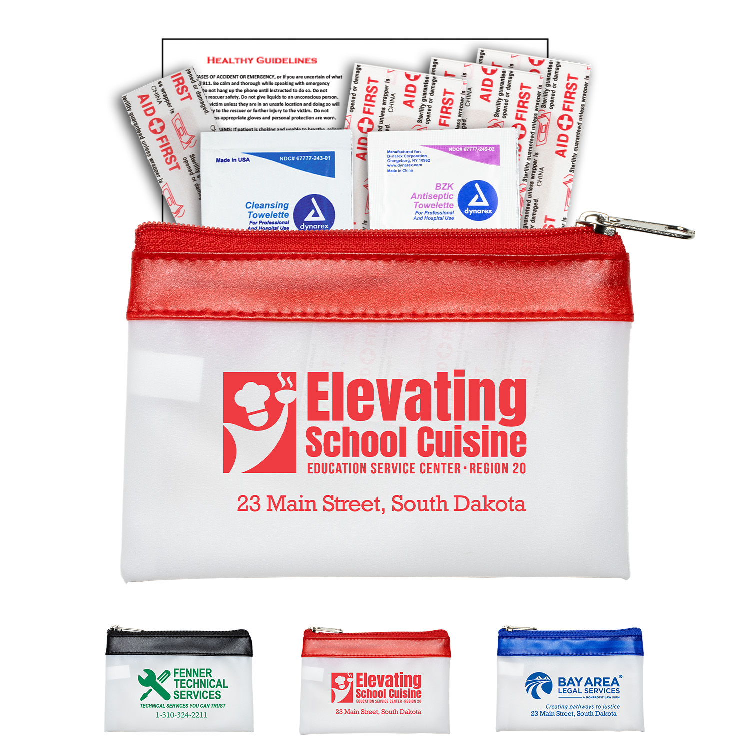 “SAFETY-ON-THE-GO FS"  7 Piece First Aid Kit in Colorful Zipper Vinyl Pouch