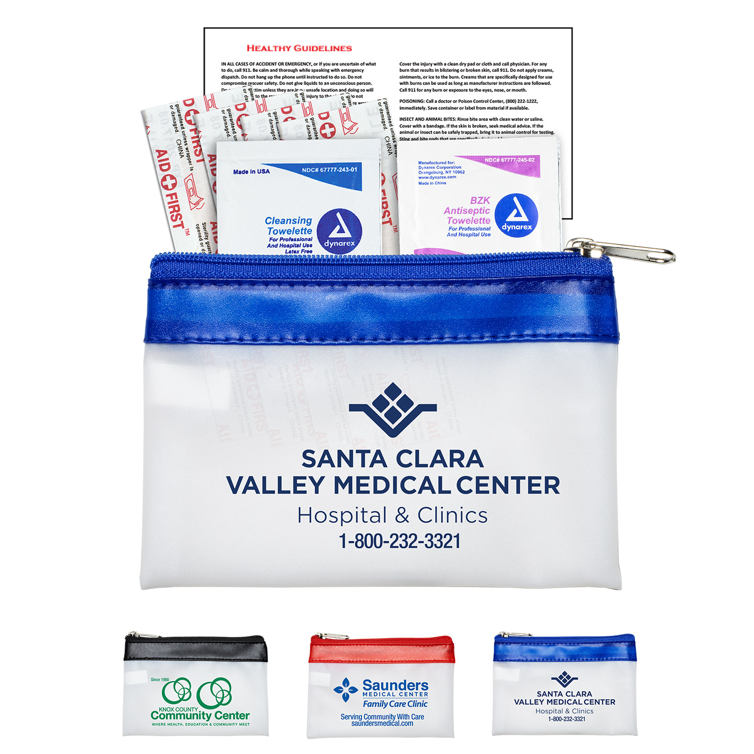 “SAFETY-ON-THE-GO"  7 Piece First Aid Kit in Colorful Zipper Vinyl Pouch