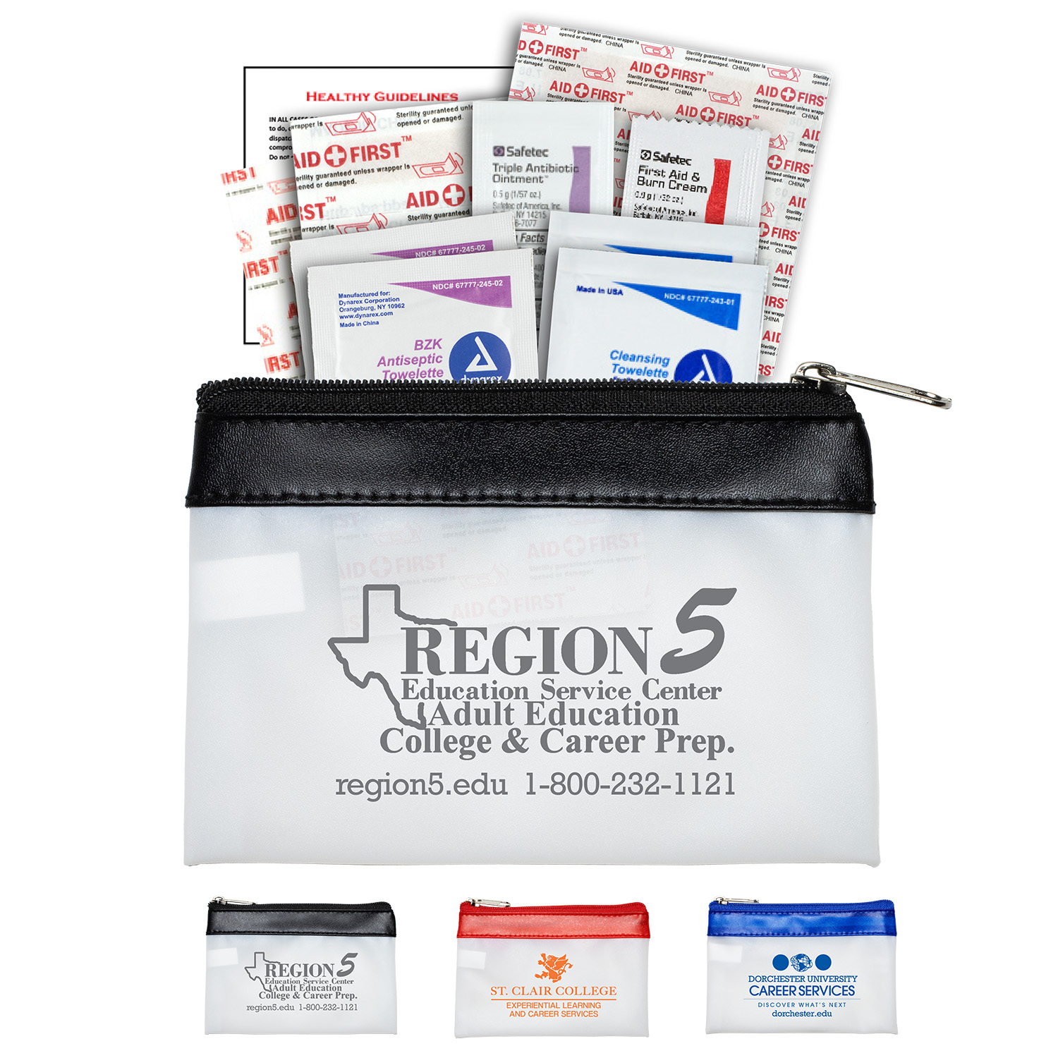 “SAFETY-ON-THE-GO STING"  16 Piece First Aid Kit in Colorful Zipper Vinyl Pouch