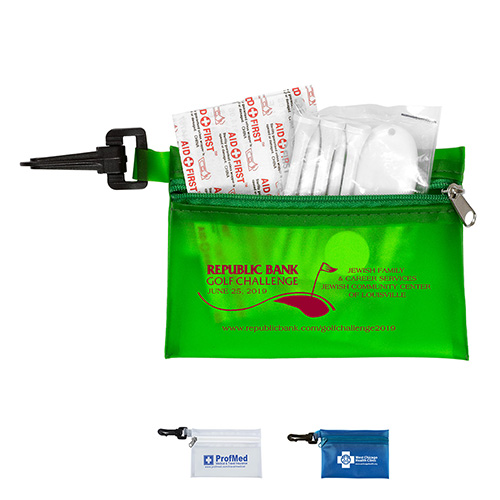“Fairway” 11 Piece Healthy Living Sun Kit Components inserted into Translucent Zipper Pouch with Plastic Carabiner Attachment 
