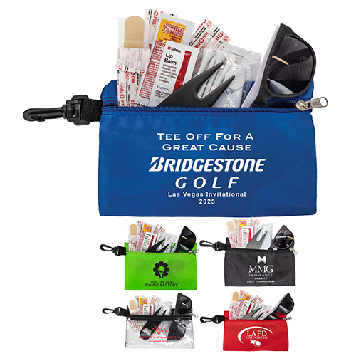 "CHIP 16" 16 Piece Golf Kit in Supersized Zipper Pack Components inserted into Zipper kit with Carabiner