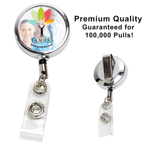 "DUBLIN CHROME" 30" Cord Chrome Solid Metal Retractable Badge Reel and Badge Holder with Full Color Vinyl Label Imprint