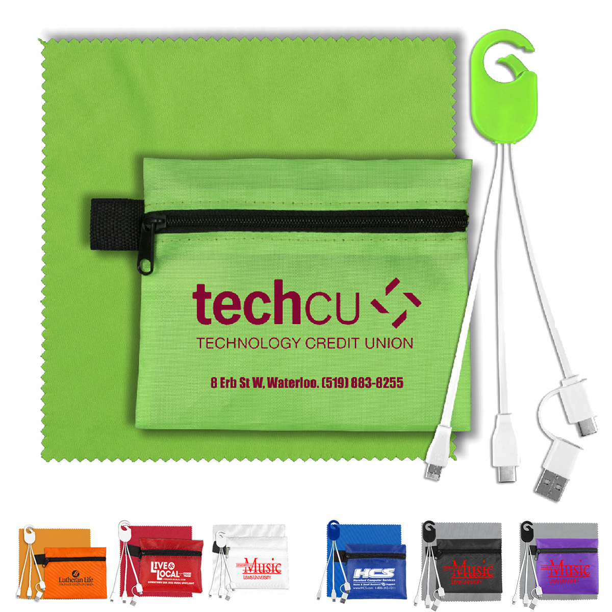 "RECHARGE ZIP" Mobile Tech Charging Cables In Zipper Pack Components inserted into Polyester Zipper Kit