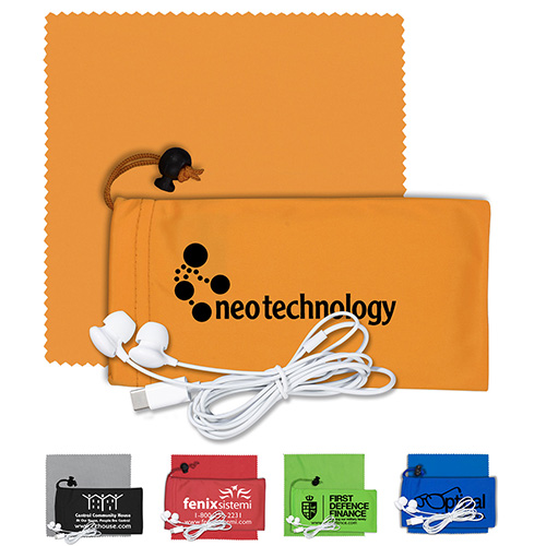 "TUNEBOOM PLUS" Mobile Tech Earbud Kit with Microfiber Cloth in Microfiber Cinch Pack Components inserted into Microfiber Kit