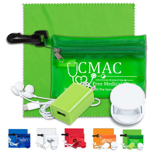 "TONS-O-TUNES" Mobile Tech Auto and Home Accessory Kit in Translucent Carabiner Zipper Pouch