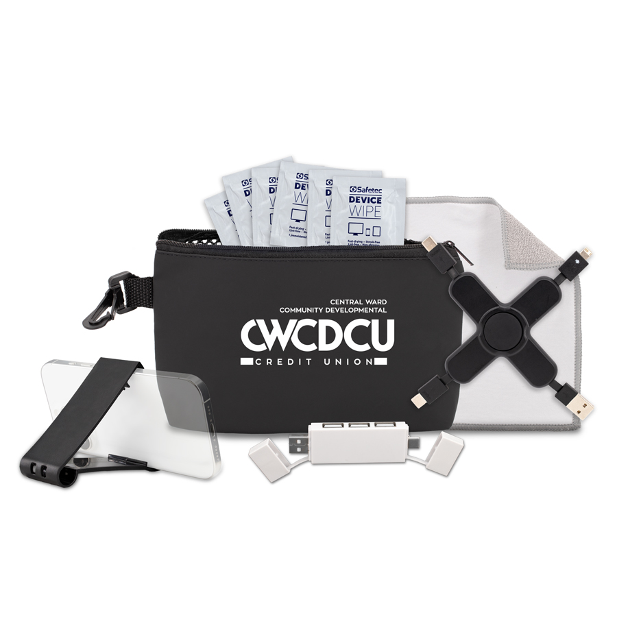 &ldquo;MONACO" 10 pcs Cleaning and Charging Tech Kit in Black Mesh Zipper Pouch