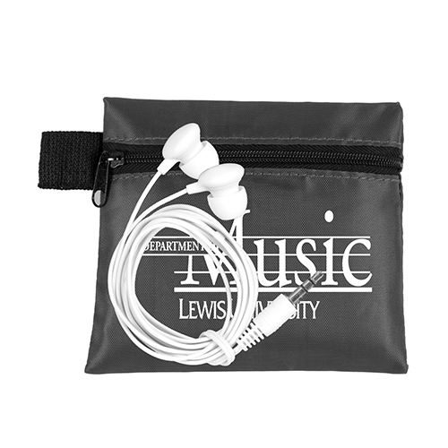 "ZIPTUNE"  Mobile Tech Earbud Kit In Zipper Pack Components inserted into Polyester Zipper Kit