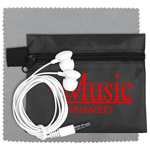 "ZIPTUNE PLUS" Mobile Tech Earbud Kit with Microfiber Cleaning Cloth In Zipper Pack Components inserted into Polyester zipper Kit