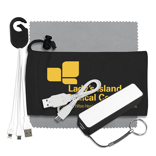 "CHARGEBANK" Mobile Tech Power Bank Accessory Kit with Charging Cables and Microfiber Cloth in Microfiber Cinch Pack Components inserted into Microfiber Kit