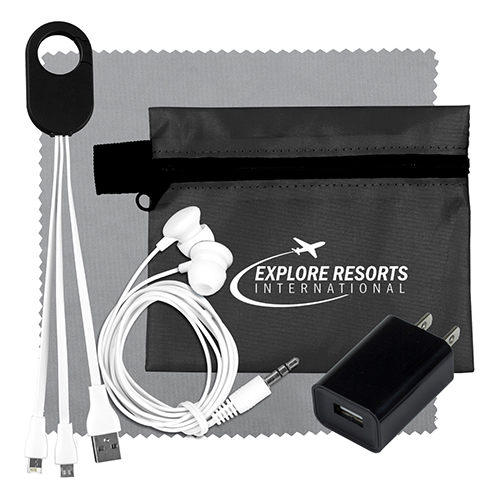 "TECHTIME PLUS" Mobile Tech Charging Kit with Earbuds, Charging Cable and Charger In Zipper Pack Components inserted into Polyester Zipper Kit