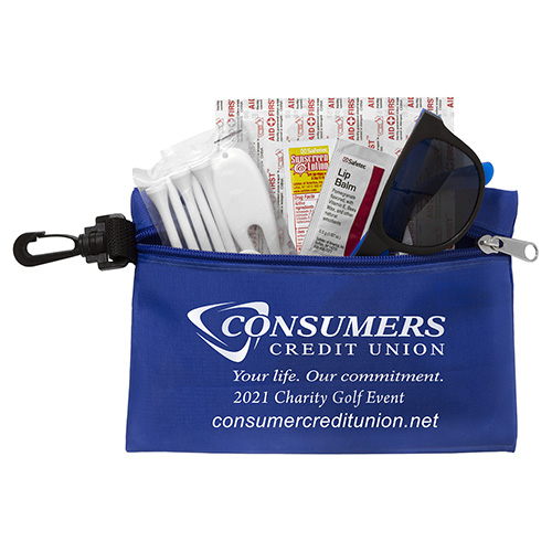 “CHIP” 14 Piece Golf Kit in Supersized Zipper Pouch Components inserted into Zipper Pouch with Plastic Carabiner Attachment