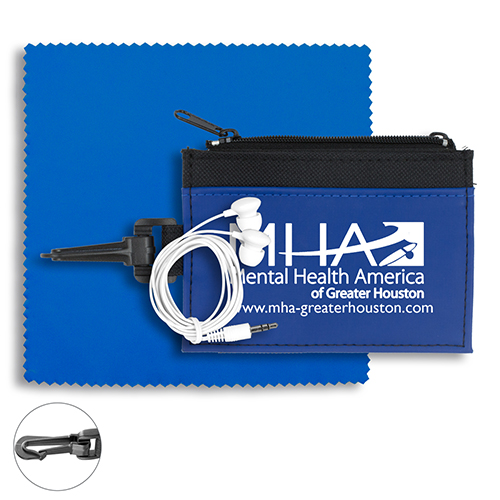 "LIXINGTON" Mobile Tech Earbud Kit with Microfiber Cloth in Travel ID Wallet with Carabiner