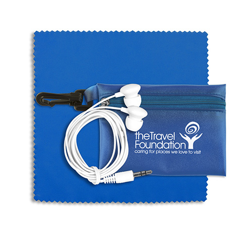 Earbud Tech Kit with Microfiber Cleaning Cloth In Translucent Carabiner Zipper Pouch