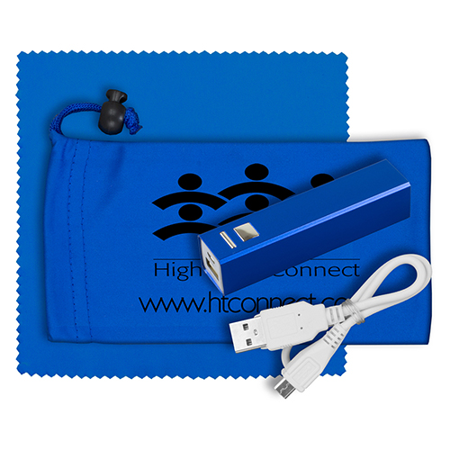 "DAYSAVER" Mobile Tech Metal Power Bank Kit in Microfiber Cinch Pack Components inserted into Microfiber Kit