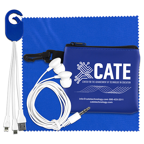 "TECHMESH HANG TUNES" Mobile Tech Charging Kit with Earbuds and Charging Cable in Mesh Zipper Pack Components inserted into Zipper Kit