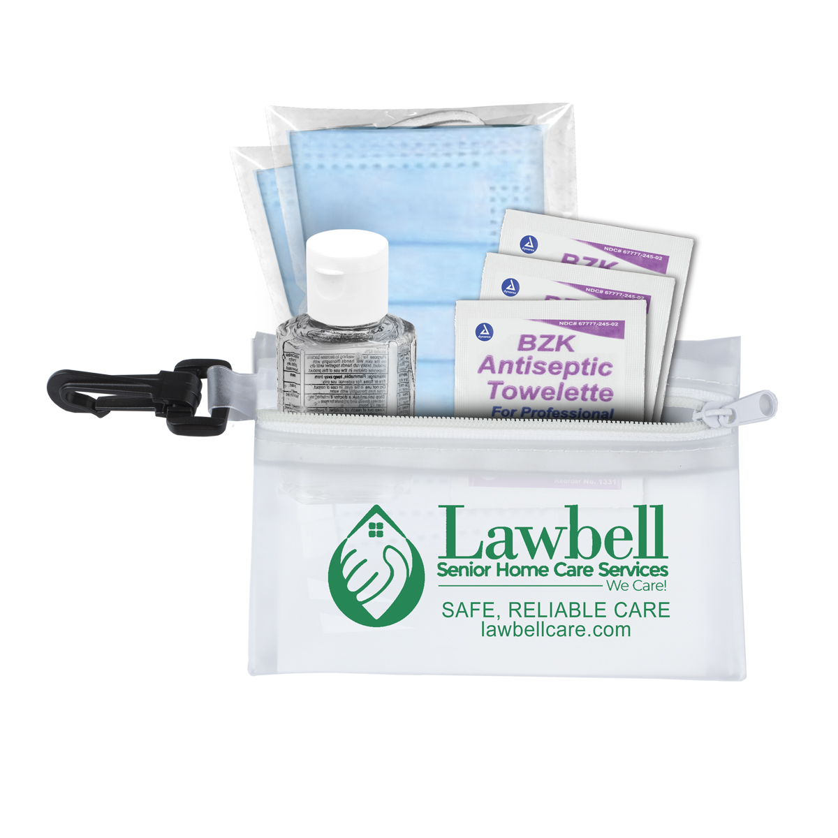 "Everything Essential" Mask & Sanitizing Protection Pack in Translucent Zipper Pouch With Plastic Hook Attachment