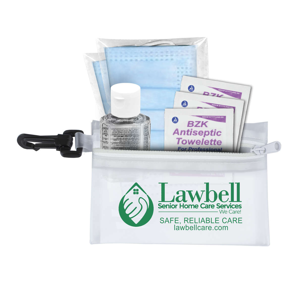 "EVERYTHING ESSENTIAL" Mask & Sanitizing Protection Pack in Translucent Zipper Kit With Plastic Hook Attachment