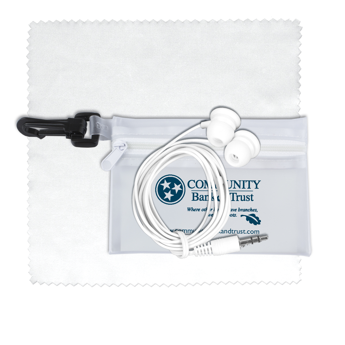 Earbud Tech Kit with Microfiber Cleaning Cloth In Translucent Carabiner Zipper Pouch