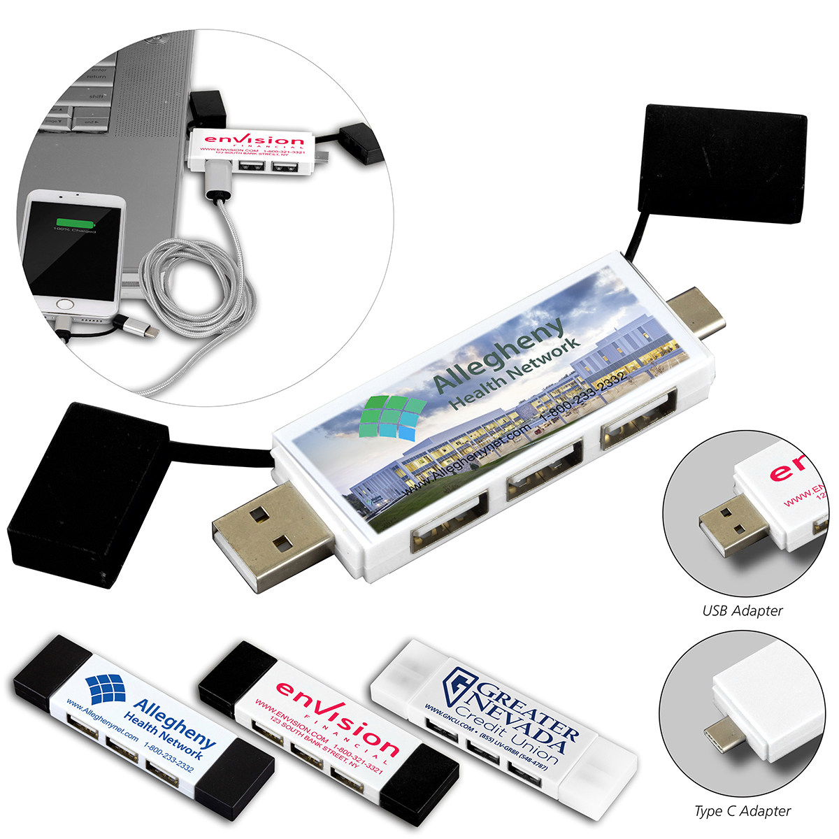 "FREEDOM" 2-in-1 3 Port Mini USB Hub with Type A & Type C Adapter