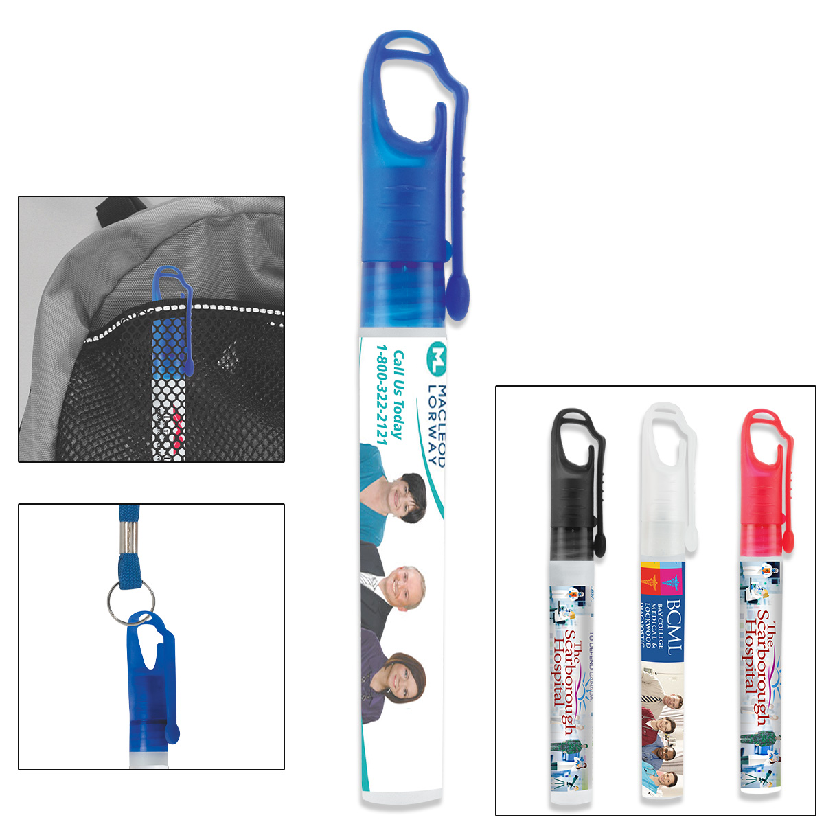 10 ml. Antibacterial Hand Sanitizer Spray Pump Bottle with Carabiner Clip Cap & Lanyard Loop(PhotoImage Full Color)