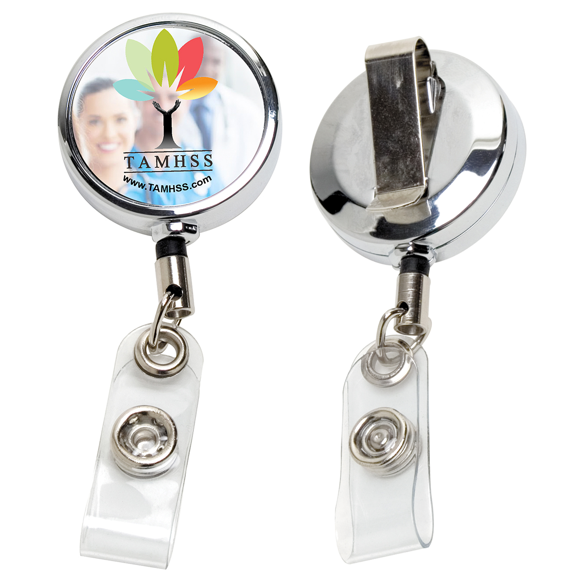 "DUBLIN CHROME" 30" Cord Chrome Solid Metal Retractable Badge Reel and Badge Holder with Full Color Vinyl Label Imprint