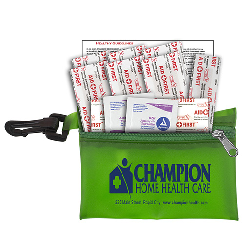 “Troutdale” 13 Piece First Aid Kit Components inserted into Translucent Zipper Pouch with Plastic Carabiner Attachment