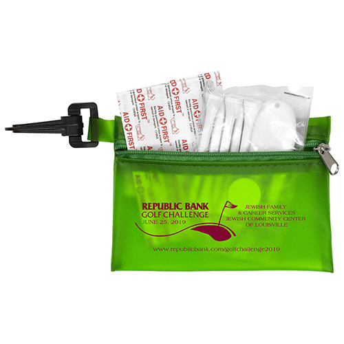 "FAIRWAY 11" 11 Piece Healthy Living Sun Kit Components inserted into Translucent Zipper Pack with Plastic Carabiner Attachment 