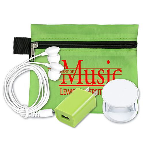 "PORTOLA" Mobile Tech Auto and Home Charging Kit with Earbuds in Polyester Zipper Kit