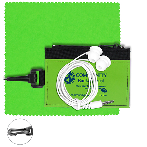 "LIXINGTON" Mobile Tech Earbud Kit with Microfiber Cloth in Travel ID Wallet with Carabiner