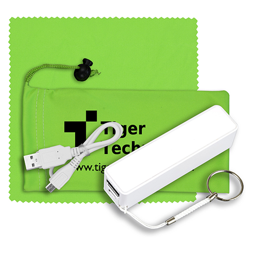 "TECHBANK" Mobile Tech Power Bank Accessory Kit in Microfiber Cinch Pack Components inserted into Microfiber Kit