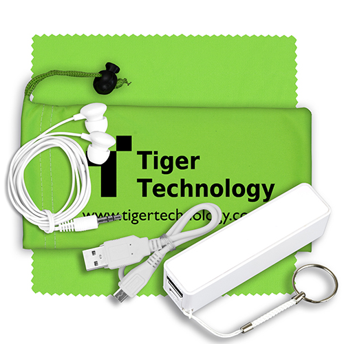 "TECHBANK PLUS" Mobile Tech Power Bank Accessory Kit with Earbuds in Microfiber Cinch Pouch