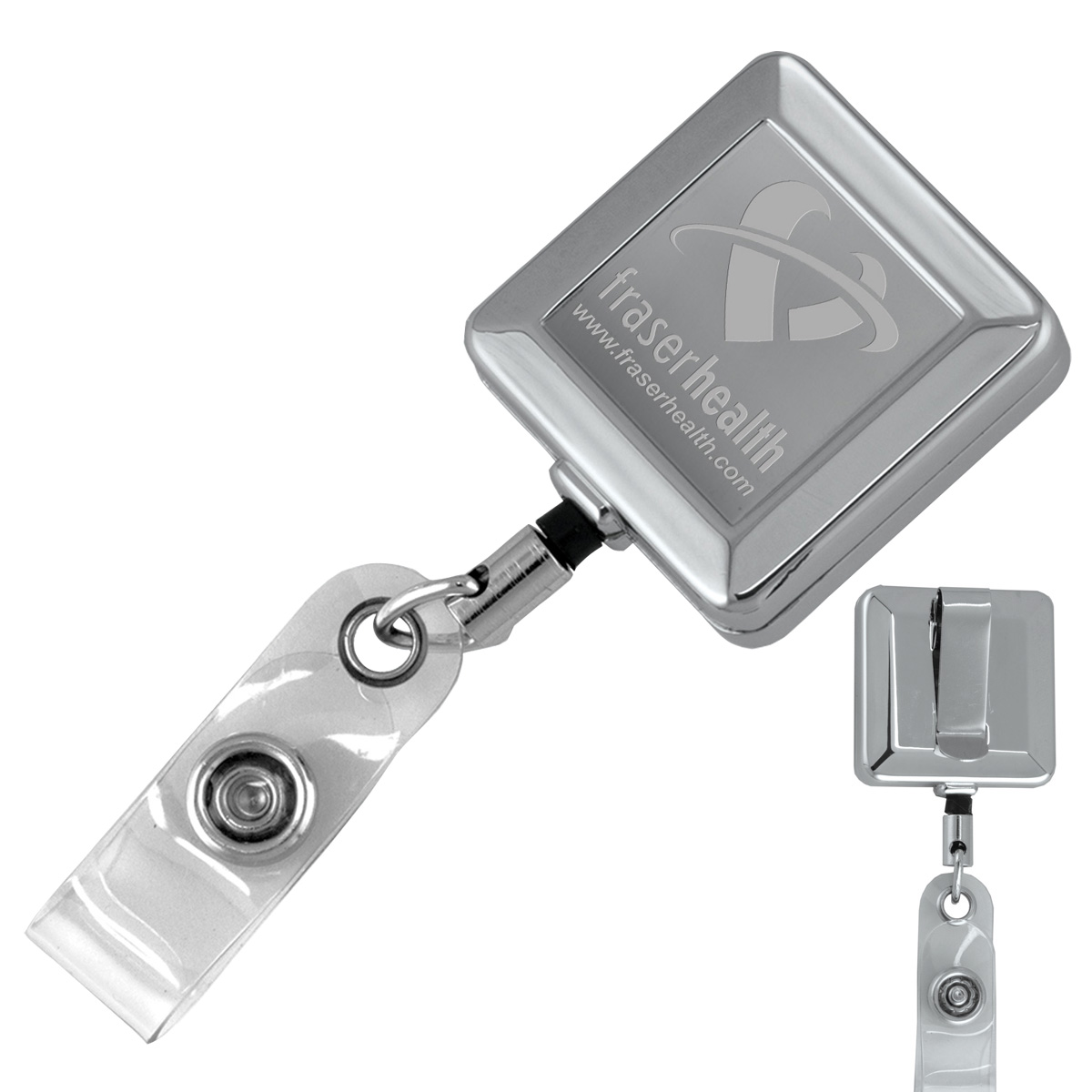 "HAMILTON LZ" 32" Cord Square Chrome Solid Metal Retractable Badge Reel and Badge Holder with Laser Imprint