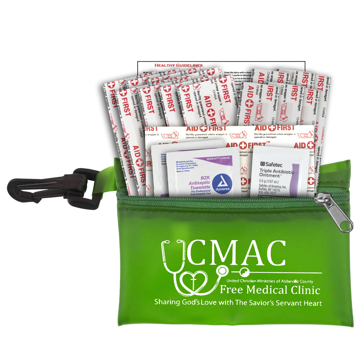"MEDI" 19 Piece Healthy Living Pack Components inserted into Translucent Zipper Kit with Plastic Carabiner Attachment