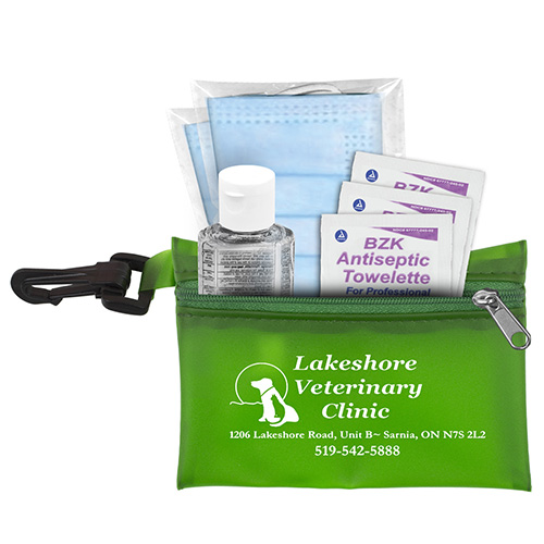 "Everything Essential" Mask & Sanitizing Protection Pack in Translucent Zipper Pouch With Plastic Hook Attachment