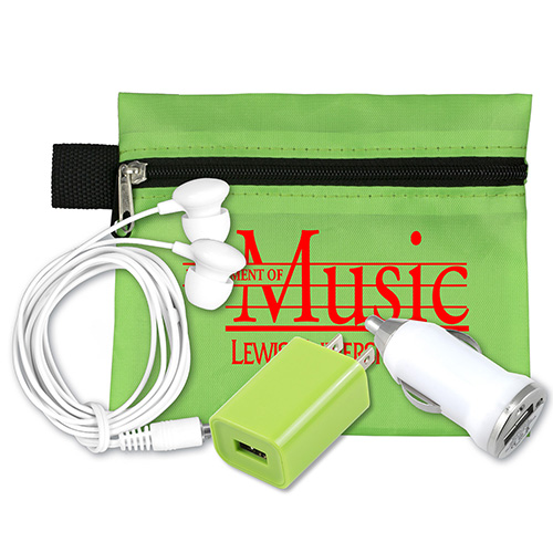 "PORTOLA" Mobile Tech Auto and Home Charging Kit with Earbuds in Polyester Zipper Kit