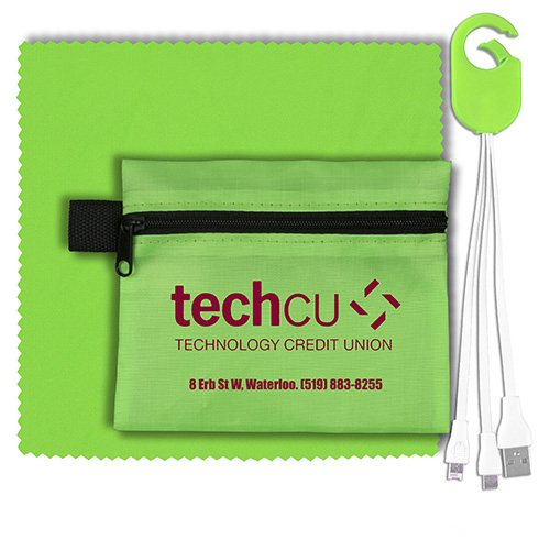 "RECHARGE ZIP" Mobile Tech Charging Cables In Zipper Pack Components inserted into Polyester Zipper Kit
