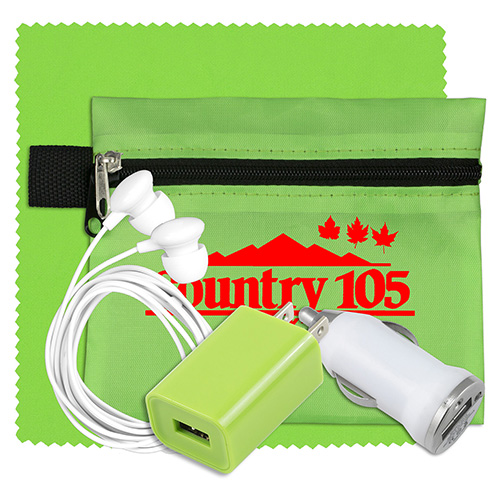 "BELLVALE" Mobile Tech Auto and Home Charging Kit with Earbuds and Microfiber Cleaning Cloth in Polyester Zipper Pouch