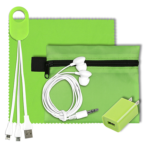 "TECHTIME PLUS" Mobile Tech Charging Kit with Earbuds, Charging Cable and Charger In Zipper Pack Components inserted into Polyester Zipper Kit