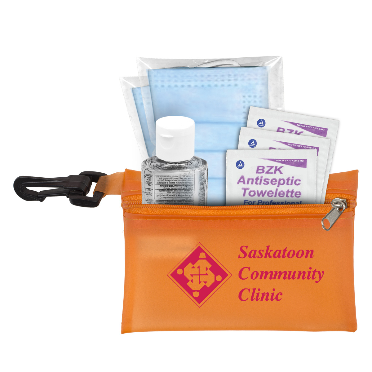 "EVERYTHING ESSENTIAL" Mask & Sanitizing Protection Pack in Translucent Zipper Kit With Plastic Hook Attachment