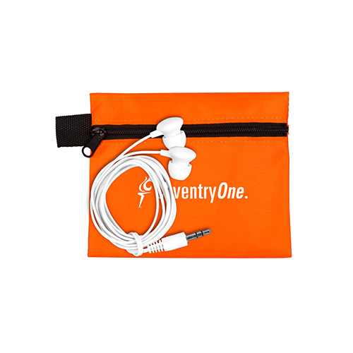 “ZipTune” Mobile Tech Earbud Kit In Zipper Pouch Components inserted into Polyester Zipper Pouch
