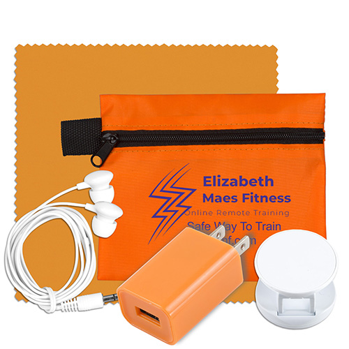 "BELLVALE" Mobile Tech Auto and Home Charging Kit with Earbuds and Microfiber Cleaning Cloth in Polyester Zipper Pouch