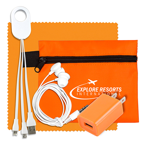 "TECHTIME PLUS" Mobile Tech Charging Kit with Earbuds, Charging Cable and Charger In Zipper Pack Components inserted into Polyester Zipper Kit