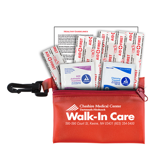 “Parkway” 7 Piece First Aid Kit  Components inserted into Translucent Zipper Pouch with Plastic Carabiner Attachment