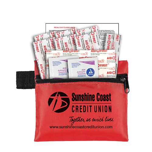 “Riverside” 13 Piece First Aid Kit Components inserted into Zipper Pouch