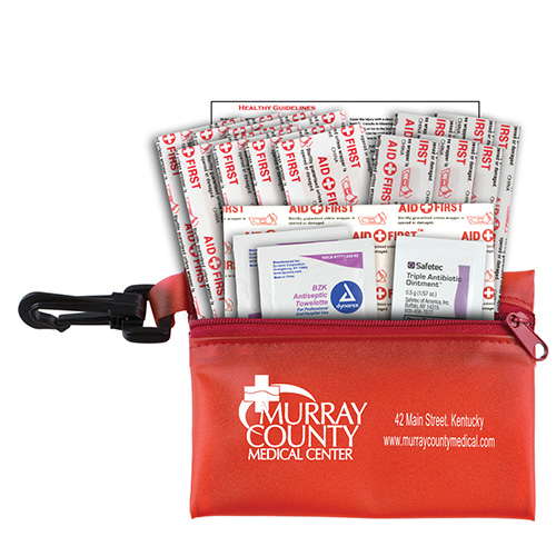 "MEDI" 19 Piece Healthy Living Pack Components inserted into Translucent Zipper Kit with Plastic Carabiner Attachment